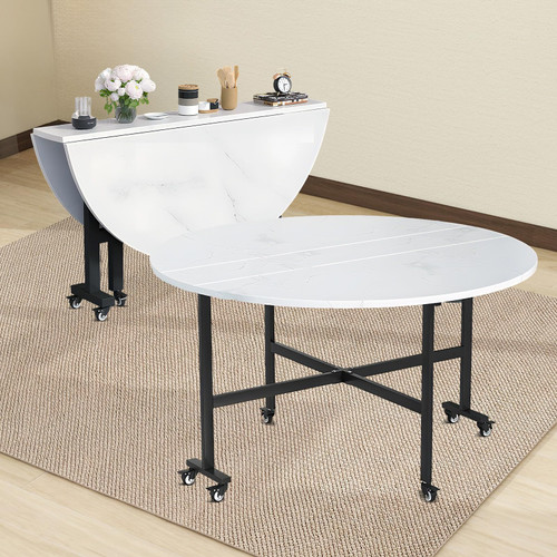 39.3" Round Drop Leaf Dining Table with 6 Locking Casters - Space-Saving, Portable, Modern Kitchen Table for Smals, Easy Assembly, Versatile Design, Ideal for Dining and Entertaining