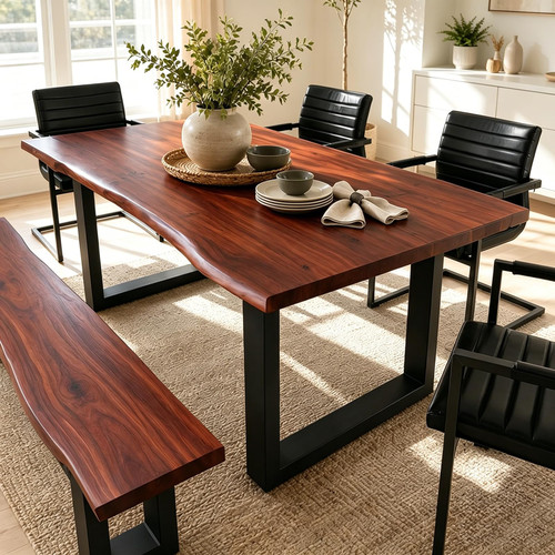 Rustic Solid Wood Dining Table - Live Ed Farmhouse Sle with Industrial Black Metal Legs for 6-8 People - Ideal for Dining Room Kitchen & Living Space