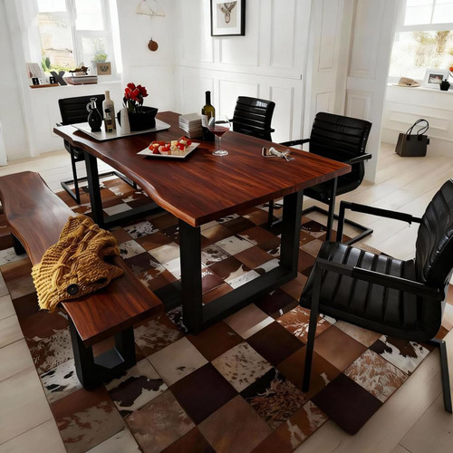 Rustic Solid Wood Dining Table - 2-Inch Thick Top & Sturdy Metal Legs Farmhouse Kitchen Table for 6-8 People Ideal for Dining Room & Home Office Decor