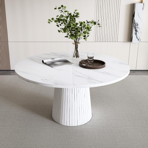 47 inch Round MDF Dining Table for 4, Modern Farmhouse Kitchen Table with Wood Strip Base, Marble Veneer Circle Dinner Table for Kitchen and Living Room