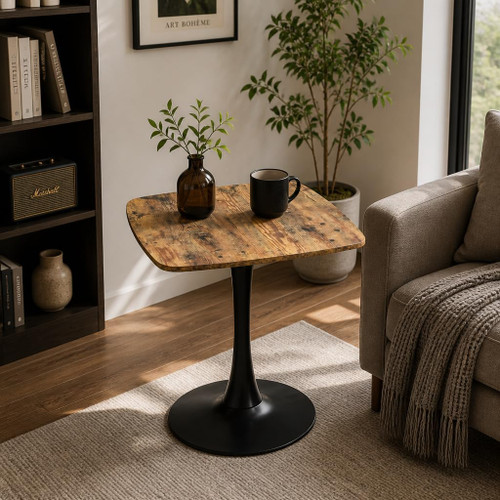 Square Dining Table, Mid Century Modern Tulip Table with MDF Tabletop and Matte Black Metal Pedestal Base for Kitchen, Small Places, Living Room, Cafe