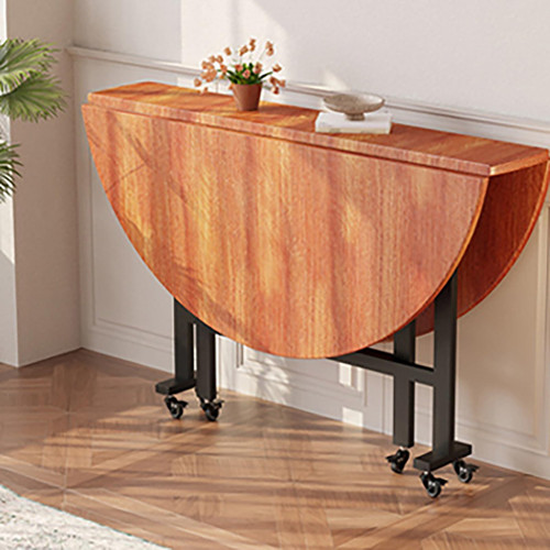 Versatile 120cm Round Drop Leaf Dining Table on Wheels – Light Walnut Kitchen & Office Desk for Space-Saving, Modern Style, Easy Mobility, Perfect for Small Spaces