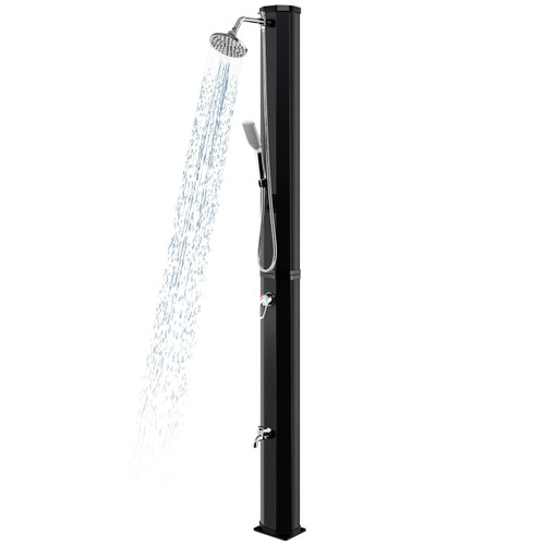 Goplus 9.3 Gallon Solar Heated Outdoor Shower, 7.2 FT Freestanding Garden Shower w/ 360° Swivel Shower Head, Foot Shower, Temperature Adjustment, for Poolside Backyard Beach (Black w/Handle Head)