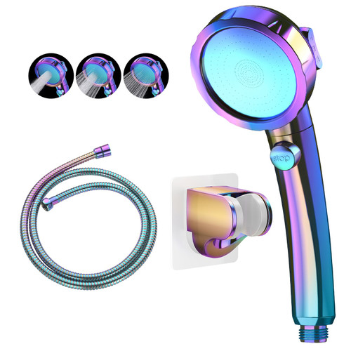 KAIYING Drill-Free High Pressure Handheld Shower Head with ON/OFF Switch, 3 Spray Modes - Polished Finish, Shower Head (Radiant Rainbow) + Bracket + Hose