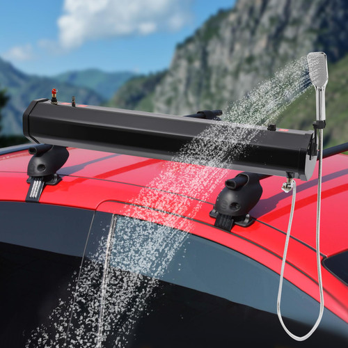 NOWMORE Waterport 7.93Gal Pressurized Water Tank,Roof Rack Mount Overland Shower for Camping/Off-Road,1.6Bar Self-Pressurizing w/ 5.58ft Hose & Shower Head,SUV/Truck/RV Car Detailing &Beach Rinse Kit