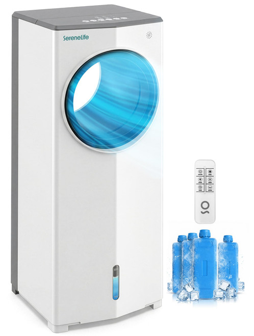 SereneLife Portable Evaporative Air Cooler with 4L Detachable Water Tank, 1800 CFM Evaporative Cooler with Remote & Ice Packs, Indoor Outdoor Air Cooler Portable for Room Use, (White & Gray)