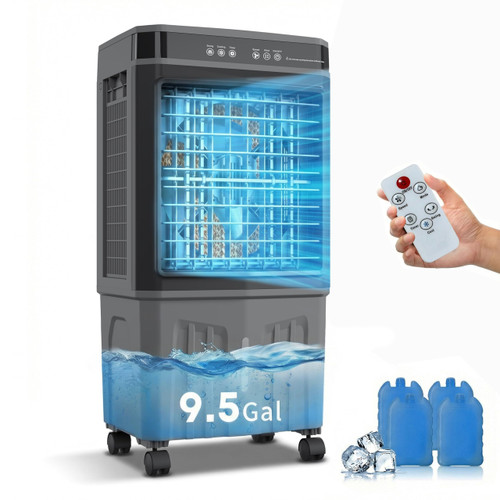 Evaporative Air Cooler with 9.5 Gallon Water Tank Swamp Cooler Portable Cooling Fan, 4 Ice Box, 3 Wind Speeds, 120°Oscillation for Outdoor Indoor Use, Remote Control