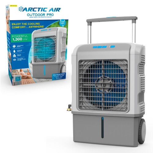 Arctic Air Outdoor Pro Swamp Cooler Evaporative Portable Cooling Unit, Air Cooler, 3100 CFM airflow, 10-gallon water tank, 3-speed settings, oscillation cooling, hose hookup for outdoor use