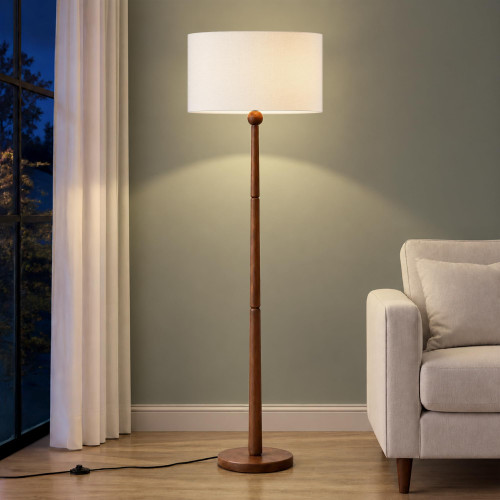 Buruis 65 Inch Single Ball Walnut Wood Floor Lamp with Linen Shade, Cream