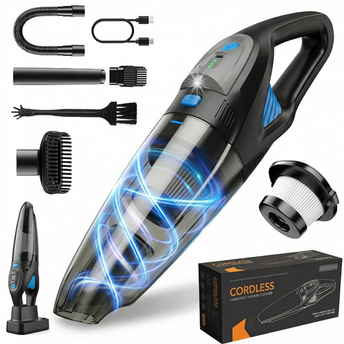 Handheld Vacuum Cordless, 25000Pa Powerful Suction Car Vacuum Portable Cordless with 2 Suction Modes & LED Light, Hand Held Vacuum Rechargeable with HEPA Filters, Home, Car Seats, Pet Hair Blue