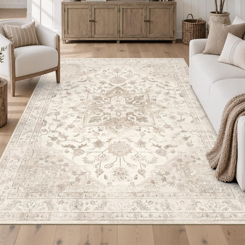 DCX 4x6 Washable Area Rug for Living Room, Non Slip Low Pile Rug, Beige