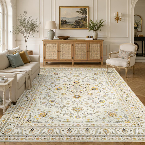 Washable 5x7 Area Rug for Living Room, Vintage Non-Slip Rug, Beige Black