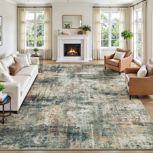 8x10 Area Rug for Living Room, Abstract Washable Large Rugs,Coffee/Green