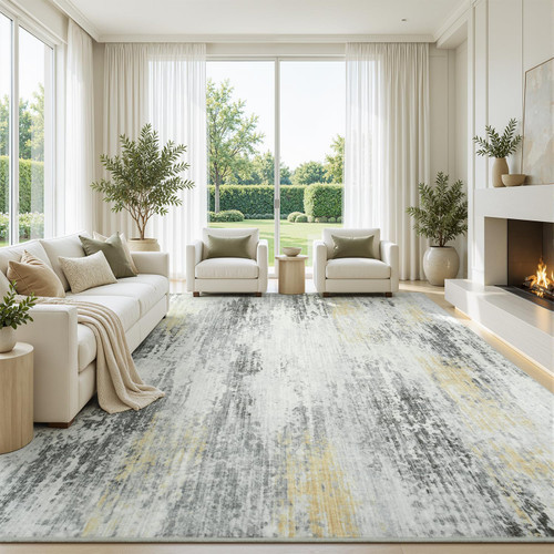 8x10 Area Rug for Living Room, Abstract Washable Non-Slip Rugs,Gold Ivory