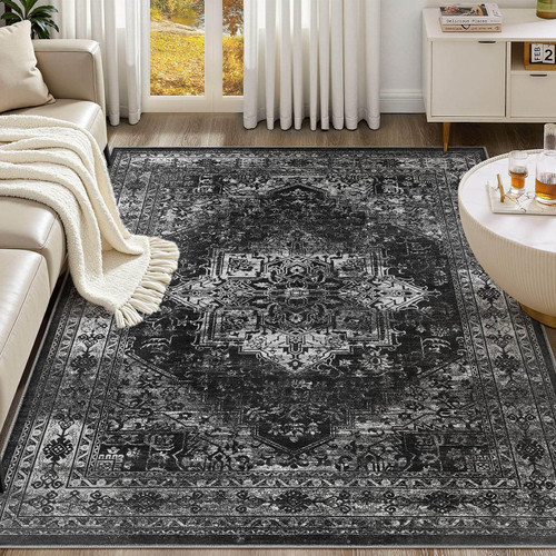 UERMEI 8x10 Area Rug Living Room Rugs - Washable Vintage Soft Large Rug Indoor Floor No Slip Rug Carpet for Bedroom Farmhouse Under Dining Table Home Office Decor - Black