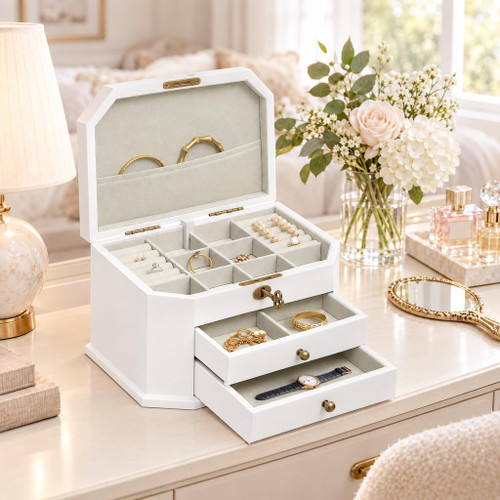 Liva Home Decor Wooden Jewelry Box for Women with Lock, 2 Drawers, White