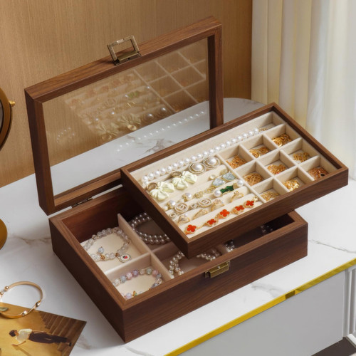 QINGTUHOME 2-Layer Glass Lid Walnut Jewelry Box,Wooden Jewelry Organizer