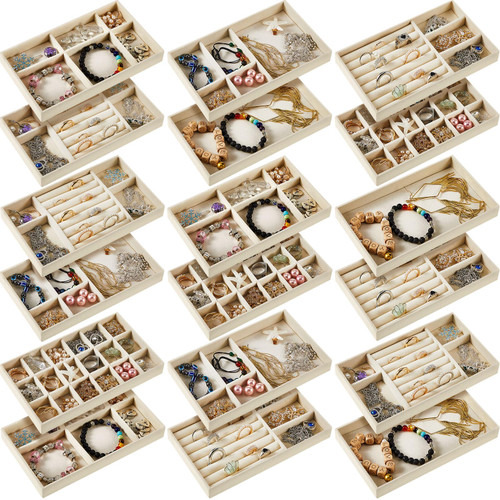 Junkin 18 Pcs Stackable Jewelry Drawer Organizer Inserts Beige