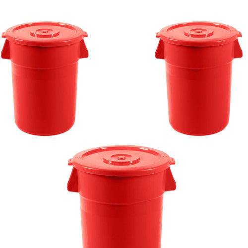 PRO&Family 3 Pack 55 Gallon Red Round Commercial Trash Can with Lid/Ingredient Bin Recycling Bin Kitchen Garbage Can Office Garbage Can Trash Barrel Plastic Barrel Yard Waste Bin Outdoor Trashcan
