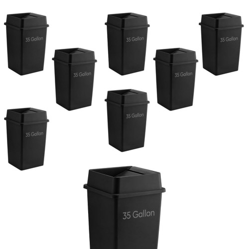 Getzi 8 Pack Black 35 Gallon Heavy Duty Trash Cans with Lids, Square Commercial Resin Garbage Containers with Built-in Handles for Indoor Outdoor Restaurant, Office and Facility Use