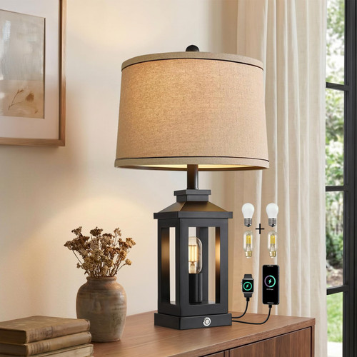 23.75" Retro Farmhouse Black Table Lamp for Living Room Bedroom Nightstand