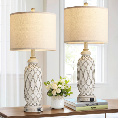 SRJJRS Farmhouse Table Lamps for Bedroom Set of 2, 28" Rustic Bedside Lamp with USB Ports, 3-Way Dimmable Nightstand Table Lamp for Living Room