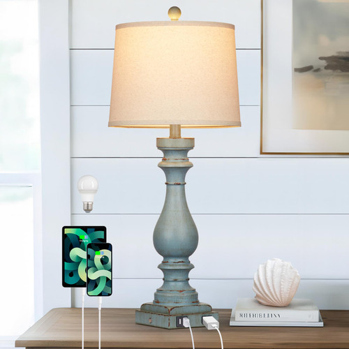 Cinkeda 29" Tall Coastal Lamp,Retro-Blue Vintage Bedside Nightstand Lamps with USB Charging Ports A/C,3-Way Dimmable Touch Control Table Lamps for Bedroom Living Room,Single Blue
