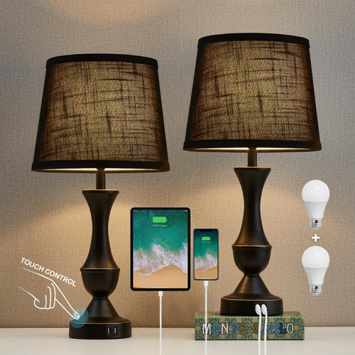 Luvkczc Black Touch Table Lamps Set of 2, 22" Tall Bedside Lamps