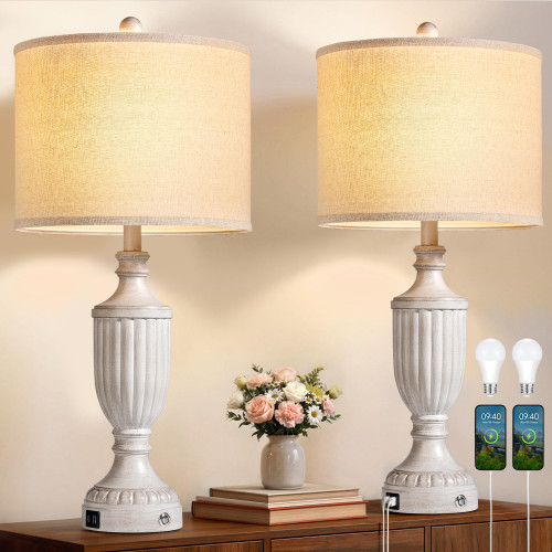 SRJJRS 27.5" Table Lamps for Living Room Set of 2, Farmhouse Lamps for Nightstands, Bedside Lamps for Bedroom with USB A+C, Bulbs Included