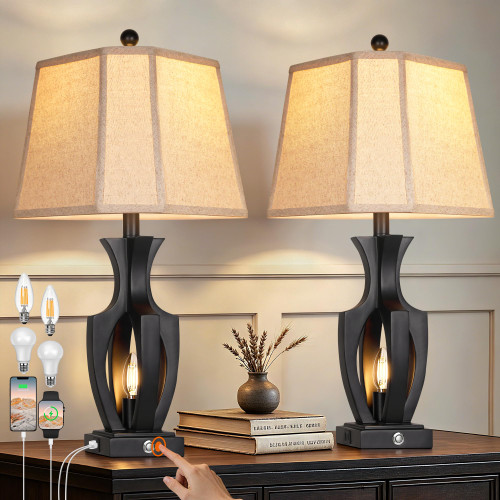 ROTTOGOON 26" Farmhouse Table Lamps Set of 2, 3-Way Touch Dimmable Nightstand Lamp with USB A+C Charging Port, Vintage Bedside Lamps with Dual Light Sources for Bedroom Nightstand End Table (Black)