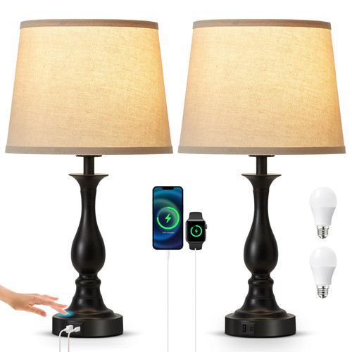 Touch Lamps for Nightstand Set of 2, Bedside Table Lamp USB C+A Ports