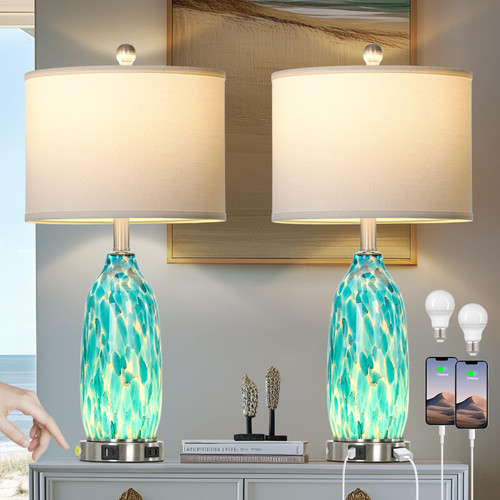 Rinweey 26" Peacock Green Glass Table Lamps Set of 2,Coastal Nautical Bedside Lamps with USB Ports & AC Outlet,Lamparas Elegantes para Cuarto with Night Light for Bedroom Living Room Decoration