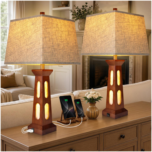 Scenekoy 28" Solid Wood Traditional Table Lamps Set of 2 for Living Room