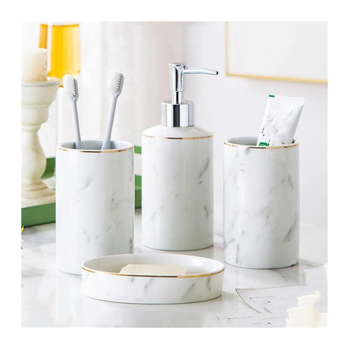 Soap Dispenser Set 4 Pcs Home Counter Ceramic with Soap Dispenser Dish 2 Mouthwash Cups Box Packaging for New Home