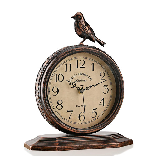 Auafanzy 8-Inch Antique Mantel Clocks For Living Room, Retro Table Metal Silent Clocks For Fireplace, Easy To Read Decorative Mantel Clocks With Top Bird For Bedroom, Office, Desktop(Standard Numbers)