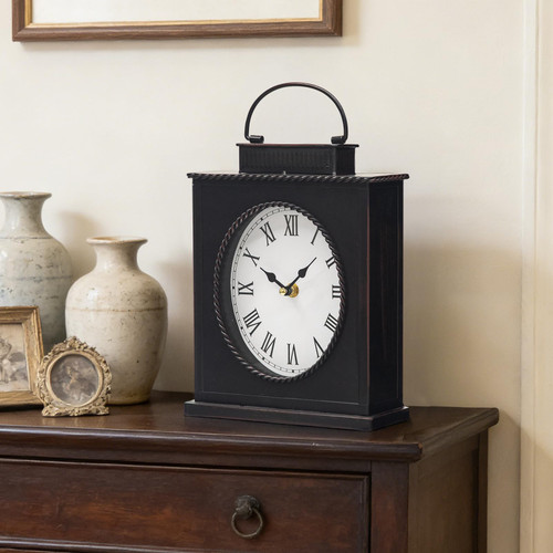 MODE HOME Vintage Mantel Clock, Large Rustic Distressed Metal Table Clock with Handle, Silent Non-Ticking Quartz Movement, Antique Brown Fireplace Shelf Desk Clock for Living Room Bedroom Office