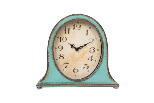 Creative Co-Op Decorative Metal Mantel Clock with Wooden Base, Distressed Aqua Blue Finish
