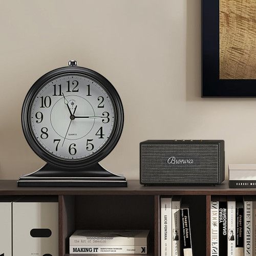 amusediy 10-inch Retro Mantel Desk Clock, Vintage Table Clock for Fireplace, Easy to Read, Silent Movement, Accurate Timing, Black