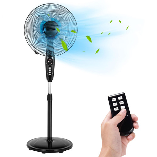 DORTALA Pedestal Fan Dual Blades, 18 Inches Oscillating Fan with Timer & Adjustable Height, 3 Speed Standing Electric Fan with Remote Control for Airflow & Coolness, Home/Office, Black