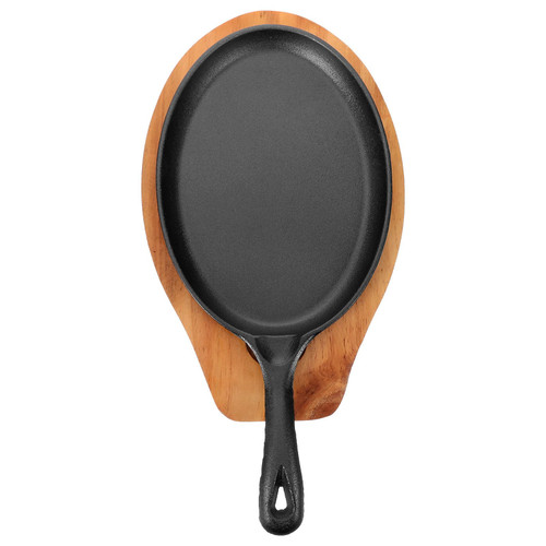 Cast Iron Skillet Flat Bottom Steak Pan with Wooden Board for Home Cooking