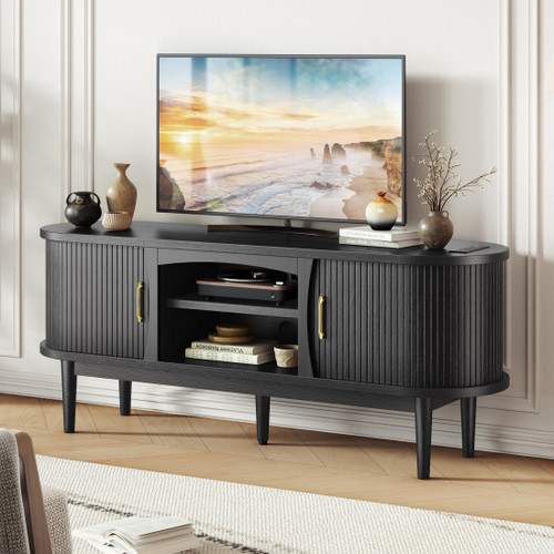 Decofy 58" Fluted TV Stand, Mid Century Modern Entertainment Center, Black