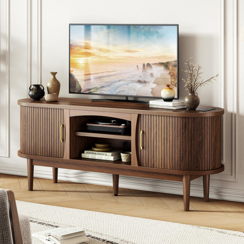 Decofy 58" Fluted TV Stand, Mid Century Modern Entertainment Center, Walnut