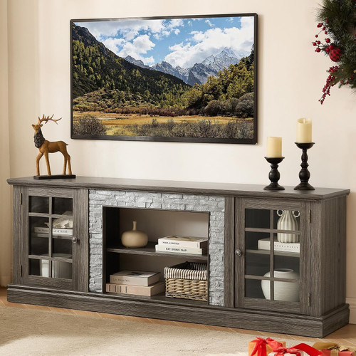 70 Farmhouse TV Stand, Entertainment Center with Glass Doors & Storage