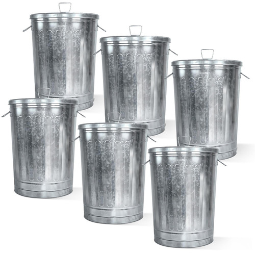 Plexon 31 Gallon Metal Trash Can with Lid Outdoor - Large Galvanized Trash Can - Retro Farmhouse Outdoor Garbage Can with Lid - Bird Seed Storage Container, Silver 6 Pack