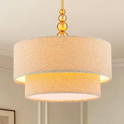 CIRFOUC 17.7 inch 5-Light Double-Layer Drum Fabric Chandelier Brushed Gold