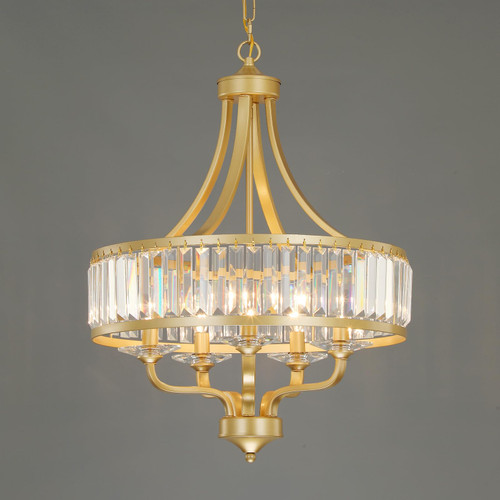5-Light Gold Crystal Chandelier, 20" Farmhouse Dining Room Light Fixture