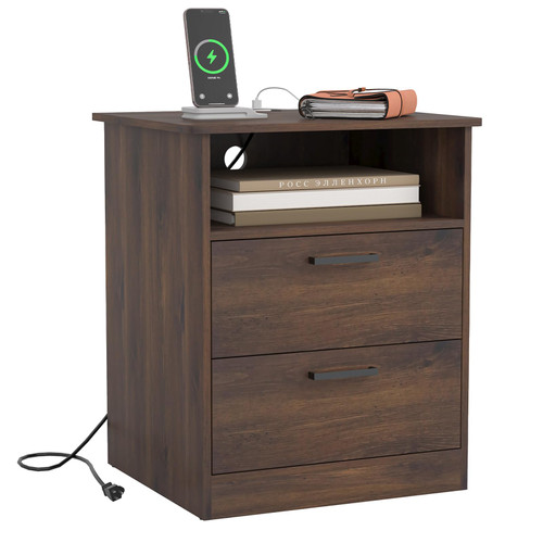 Night Stand with Charger Station, Modern Nightstand with 2 Drawers, Brown
