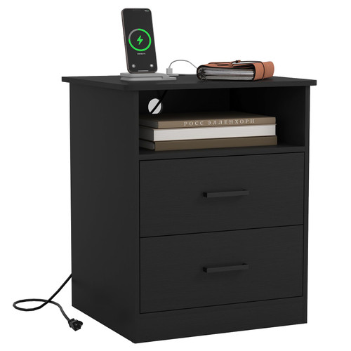 Night Stand with Charger Station, Modern Nightstand with 2 Drawers, Black