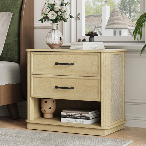 MALOL Rattan-Look Night Stand for Bedroom, Natural Wood