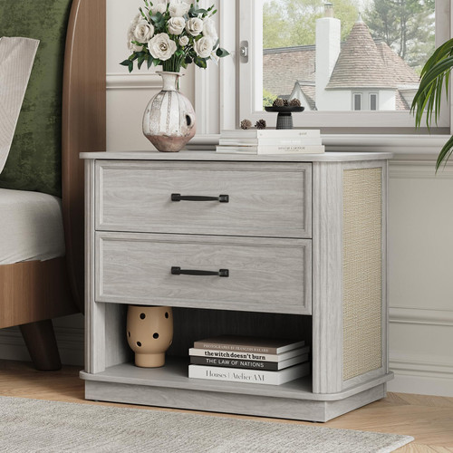 MALOL Rattan-Look Night Stand for Bedroom, White Wood